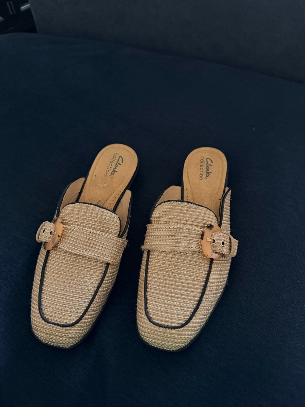 Clarks Tan Woven Slip-On Mules with Buckle Trim